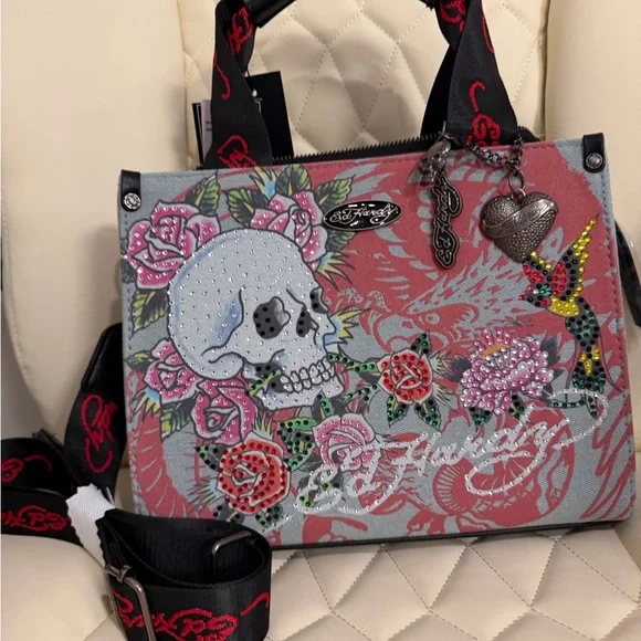 Ed Hardy Pink and Gray Tote with Skull Design - Picture 4 of 5